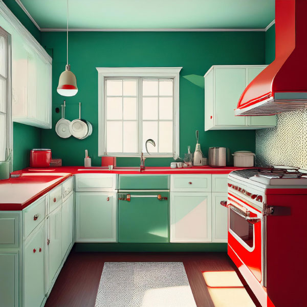 AI generated image of 1940s kitchen with green walls and red countertops