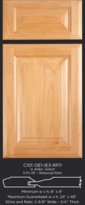 Cope and Stick Cabinet Door C101 OE1-IE3-RP11 in Alder, Select and 5-piece drawer front with reduced rails