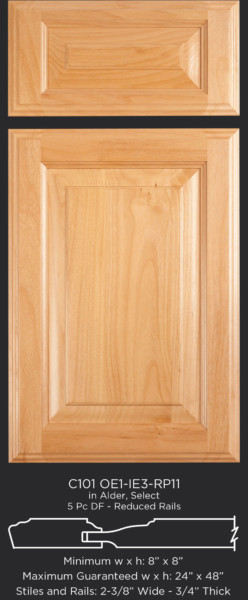 Cope and Stick Cabinet Door C101 OE1-IE3-RP11 in Alder, Select and 5-piece drawer front with reduced rails