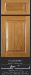 Cope and Stick Cabinet Door C101 OE4-IE4-RP3 White Oak, Select and 5-piece drawer front with reduced rails