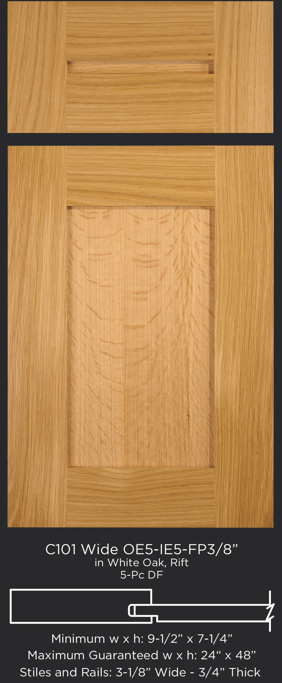 Cope and Stick Cabinet Door C101 Wide OE5-IE5-FP3/8 White Oak, Rift and 5-piece drawer front