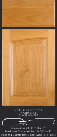 Cope and Stick Cabinet Door C14L OE2-IE1-RP11 in Alder, Select and Slab Drawer Front with OE2