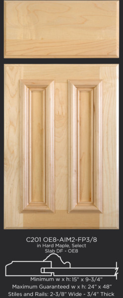Cope and Stick Cabinet Door C201 OE8-AIM2-FP3/8 in Hard Maple, Select - Slab drawer front with OE8