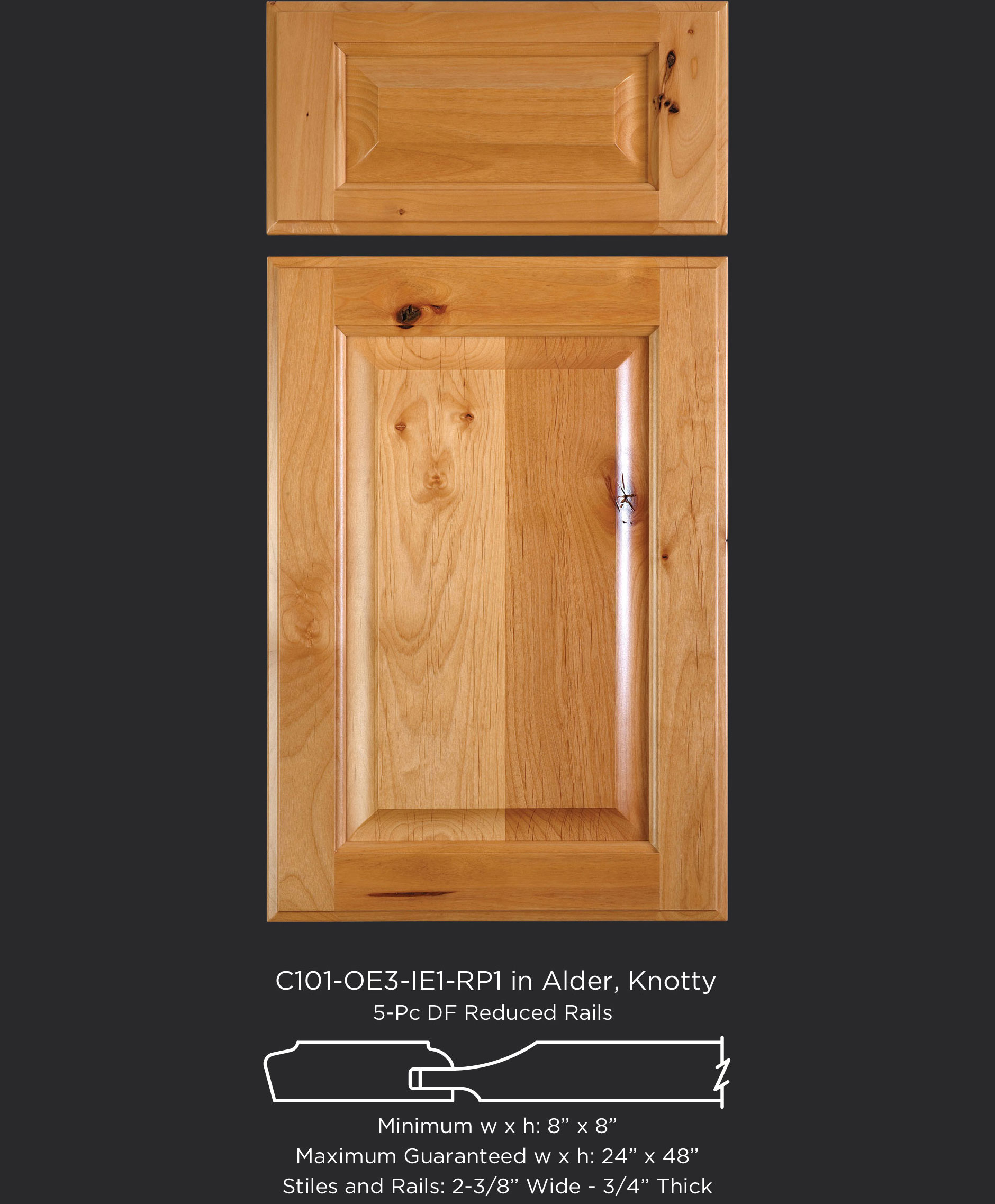 Cope and Stick Cabinet Door C101 OE3-IE1-RP1 in Alder, Knotty - 5-piece drawer front with reduced rails