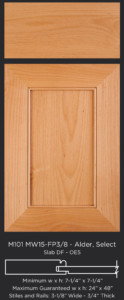 Mitered Cabinet Door M101 MW15-FP3/8 in Alder, Select and Slab drawer front with OE5