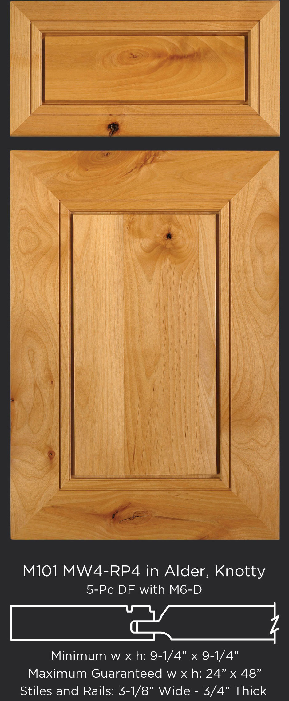 Mitered Cabinet Door M101 MW4-RP4 in Alder, Knotty and 5-Piece drawer front with M6-D