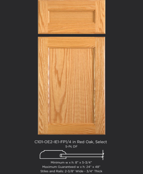 Cope and Stick Cabinet Door C101 OE2-IE1-FP1/4 in Red Oak, Select and 5-piece drawer front