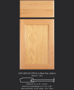 Cope and Stick Cabinet Door C101 OE3-IE1-FP1/4 in Red Oak, Select and slab drawer front with OE3
