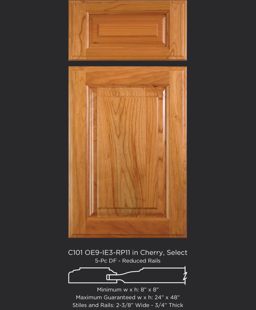 Cope and Stick Cabinet Door C101 OE9-IE3-RP11 Cherry, Select and 5 piece drawer front with reduced rails