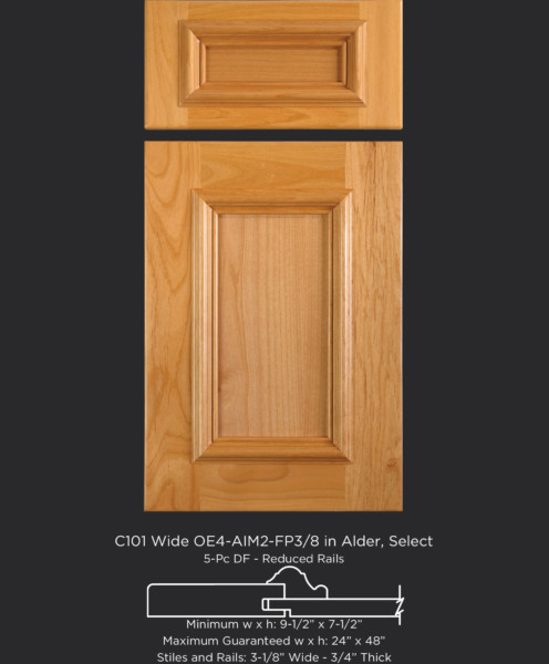 Cope and Stick Cabinet Door C101 Wide OE4-AIM2-FP3/8 in Alder, Select - 5 piece drawer front with reduced rails