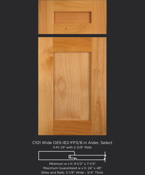 Cope and Stick Cabinet Door C101 Wide OE5-IE5-FP3/8 Alder, Select and 5-piece drawer front