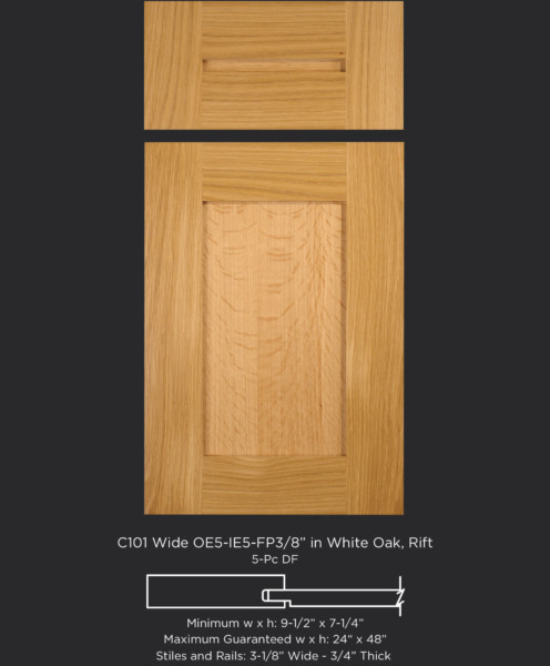 Cope and Stick Cabinet Door C101 Wide OE5-IE5-FP3/8 White Oak, Rift and 5-piece drawer front