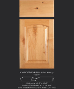 Cope and Stick Cabinet Door C102 OE3-IE1-RP1 in Alder, Knotty and slab drawer front with OE3
