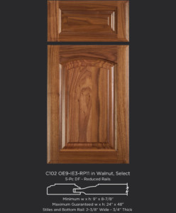 Cope and Stick Cabinet Door C102-OE9-IE3-RP11 in Walnut, Select and 5pc drawer front with reduced rails