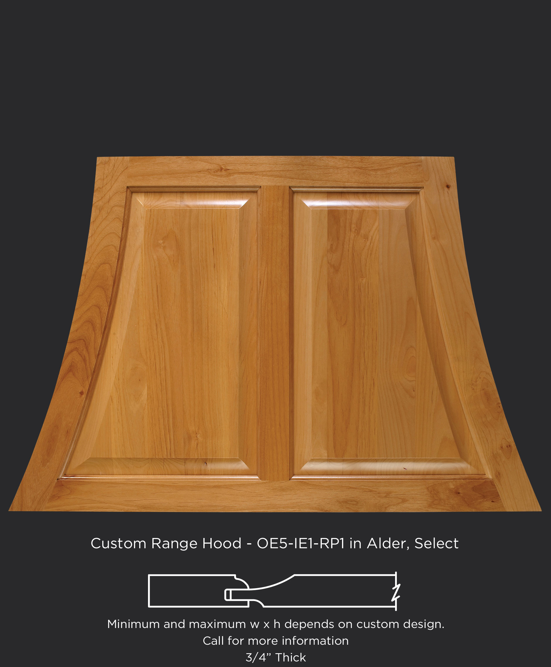 Wood range hood with center stile and OE5-IE1-RP1 in Alder, Select