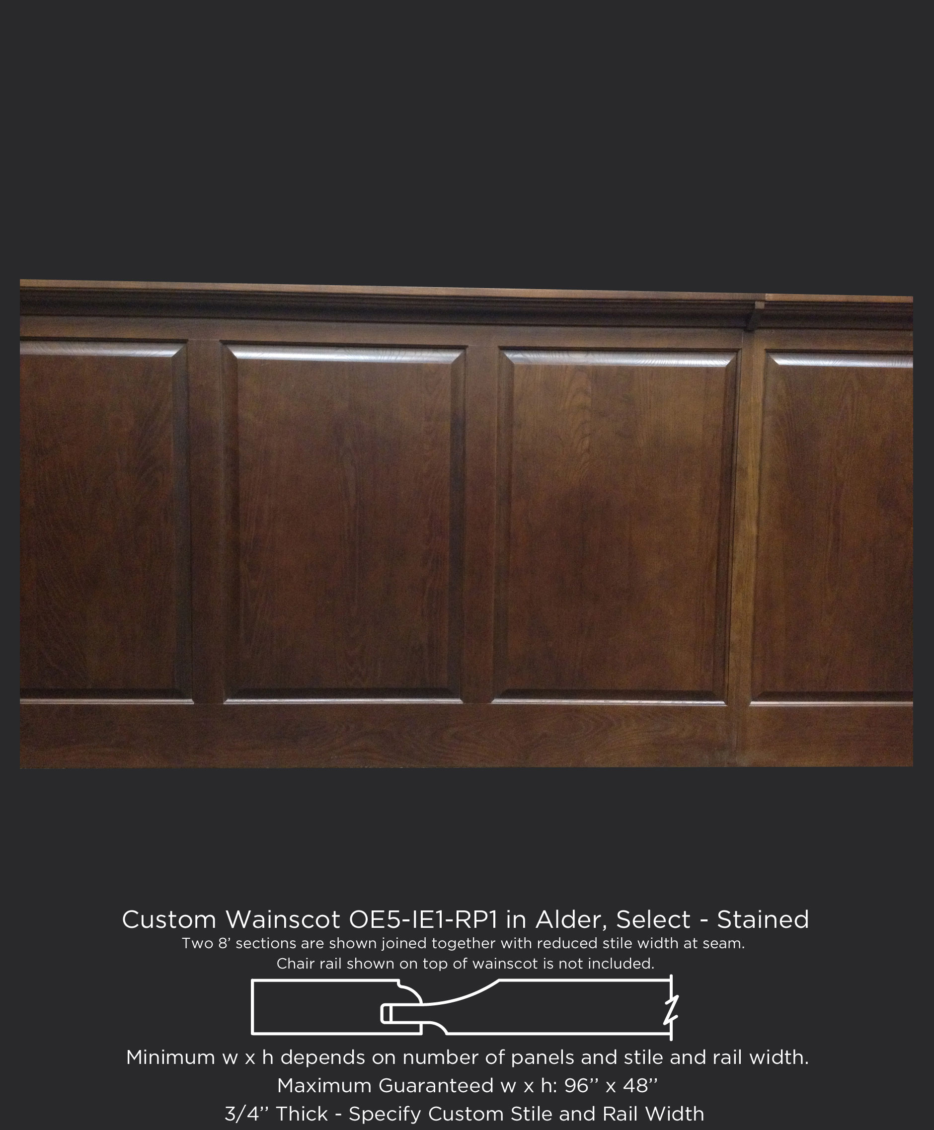 Custom wood wainscot with OE5-IE1-RP1 in Alder, Select and customer applied stained