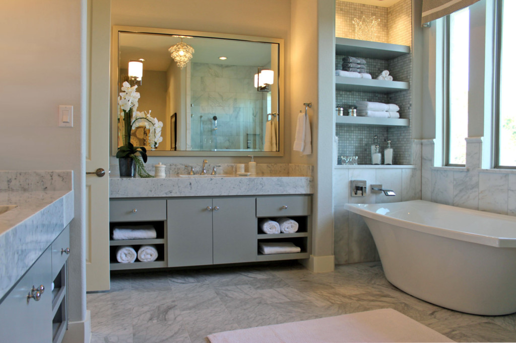 gray bathroom cabinets with marble countertop