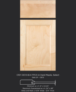 Cope and Stick Cabinet Door C101 OE13-IE4-FP1/4 Hard Maple, Select and slab drawer front with OE13