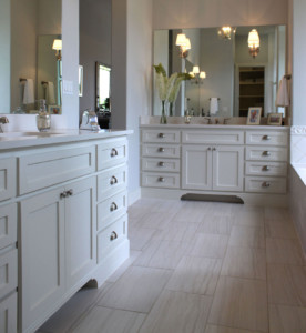 master bath with white shaker style cabinet doors on face frame cabinets
