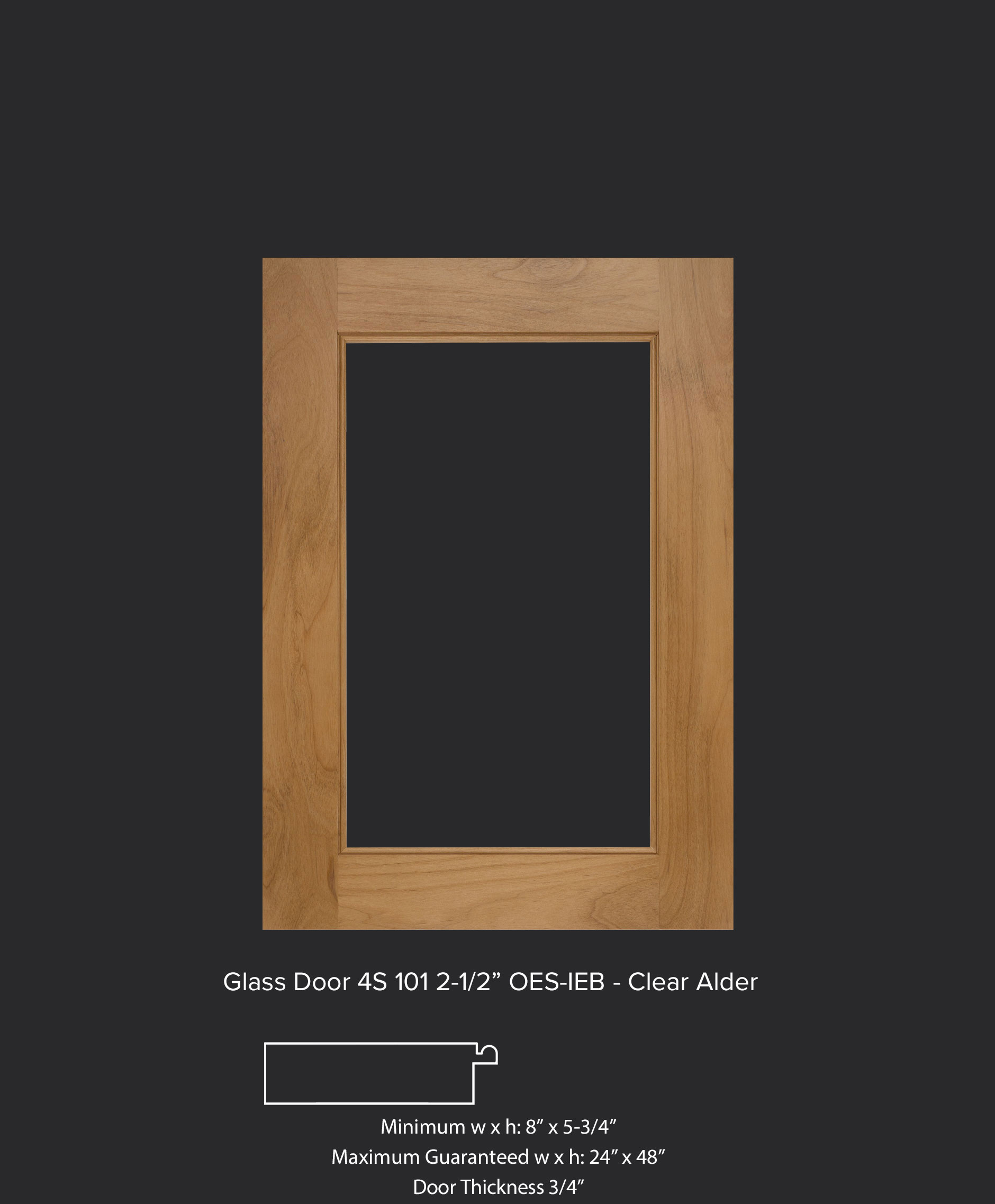 4S 101 2-1/2" cut for glass cabinet door with square OES and beaded IEB profiles in alder