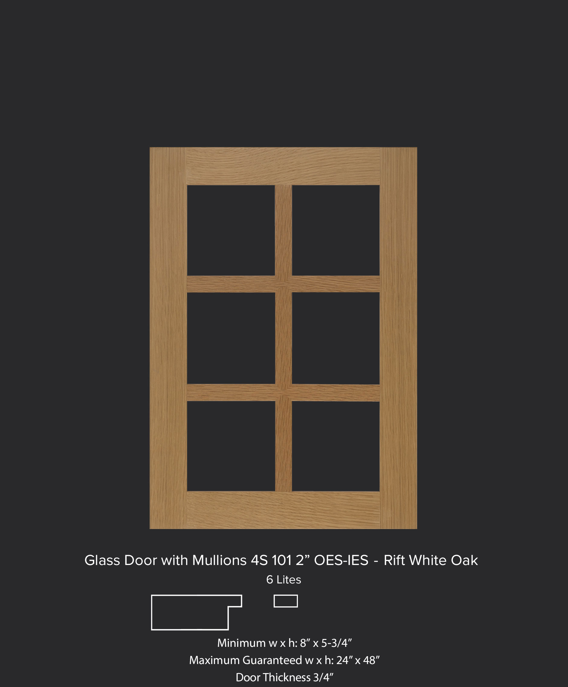 4S 101 2" divided lite cabinet door with square OES and IES profiles in rift white oak with 6 lites