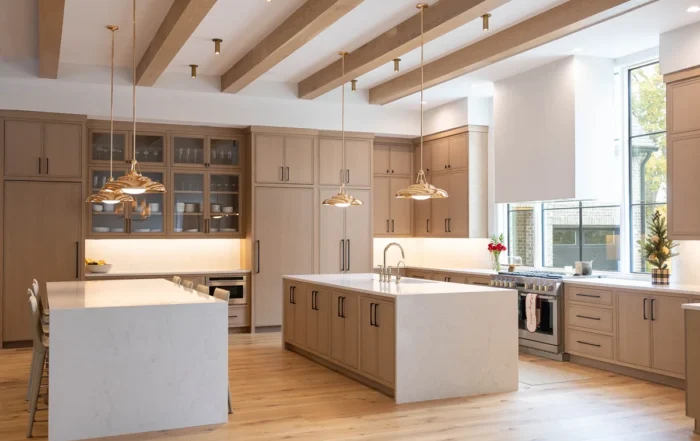 kitchen with double islands, 4S Slim Shaker cabinet doors, custom appliance panels in White Oak