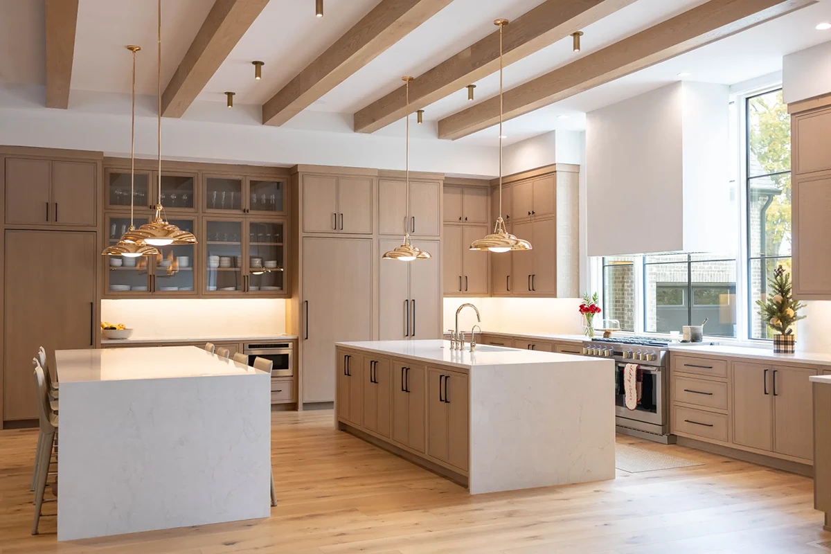 kitchen with double islands, 4S Slim Shaker cabinet doors, custom appliance panels in White Oak