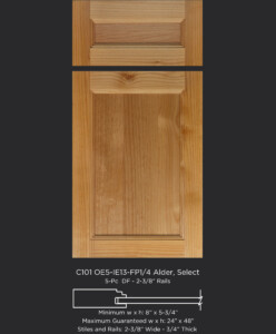 Transitional cabinet door with IE13 inside edge and flat panel in select alder