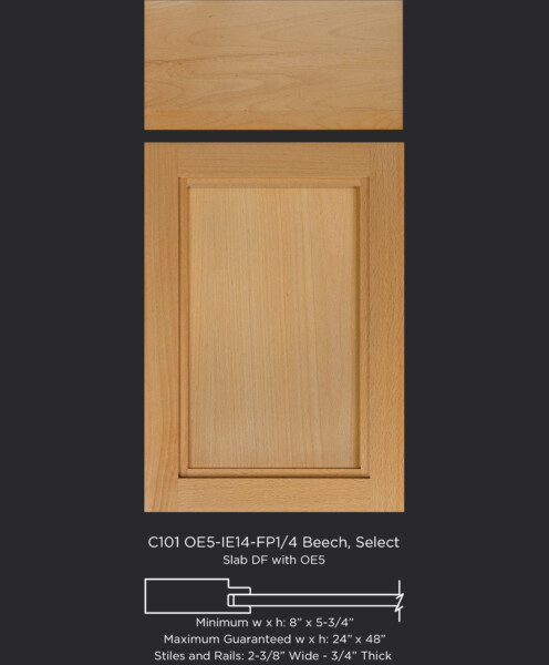 Transitional cabinet door with IE14 inside edge and flat panel in select beech