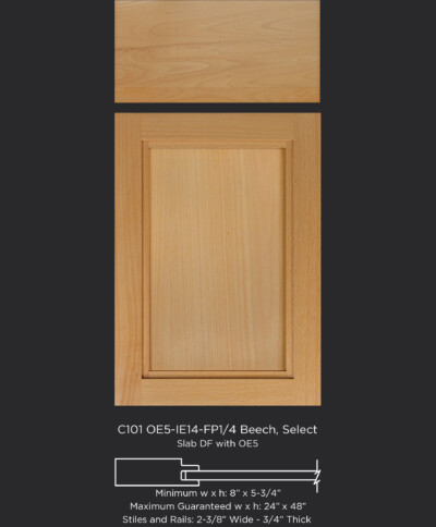 Transitional cabinet door with IE14 inside edge and flat panel in select beech