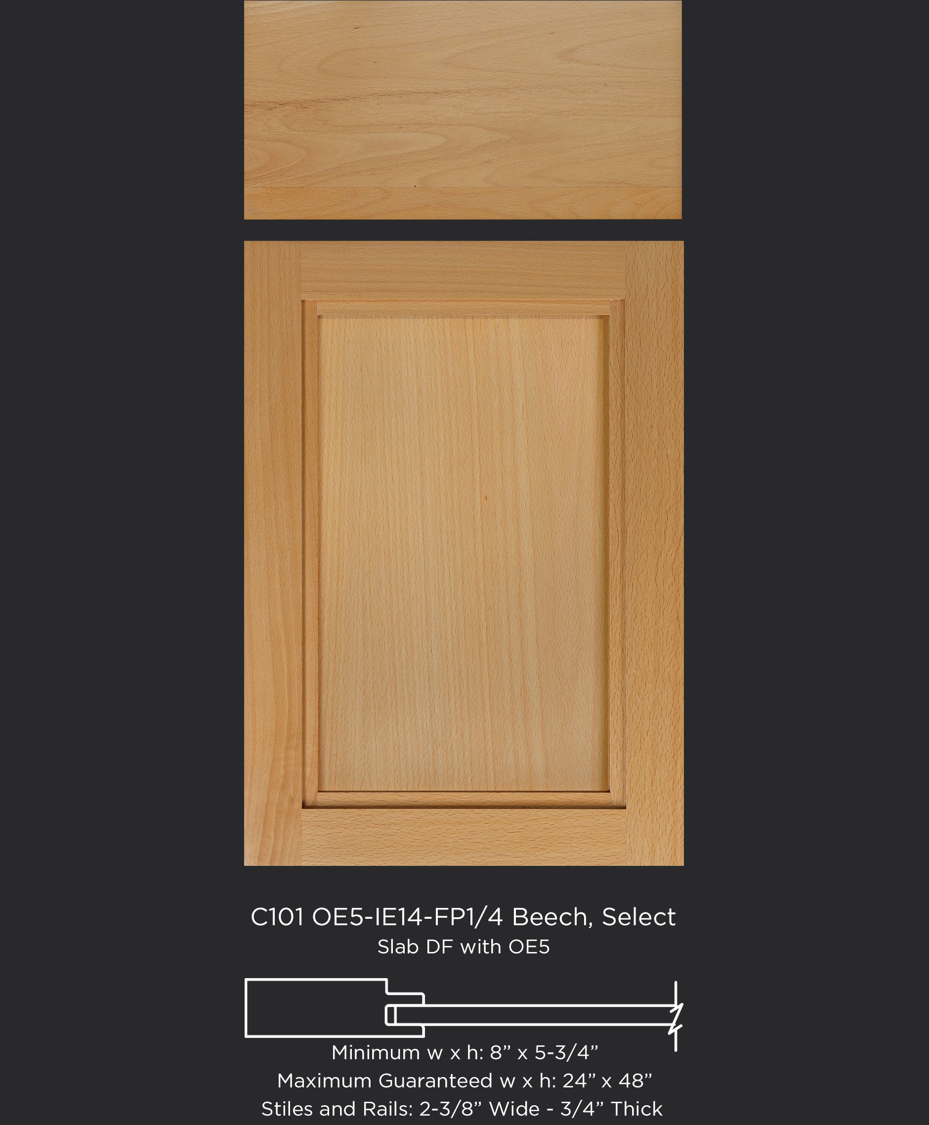 Transitional cabinet door with IE14 inside edge and flat panel in select beech