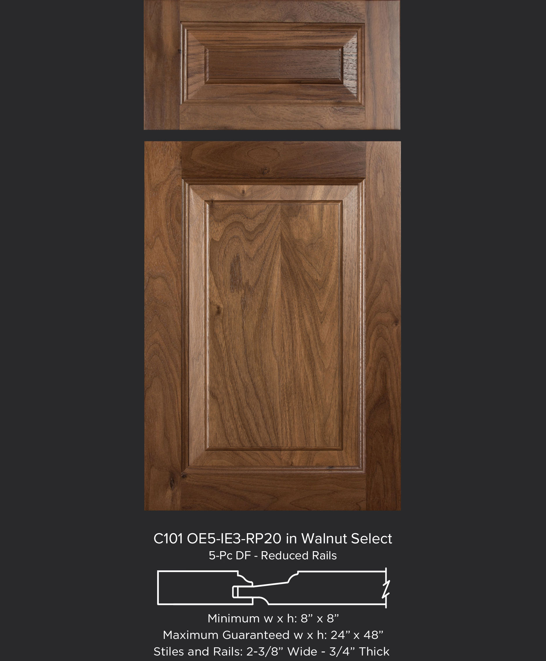 Cope and Stick Cabinet Door 2-3/8" stiles and rails OE5-IE3-RP20 in Walnut Select with reduced rail drawer fronts