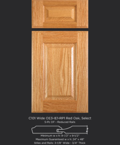 C101 Cope and Stick Cabinet Door OE3-IE1-RP1 Red Oak, Select with 5-piece reduced drawer front