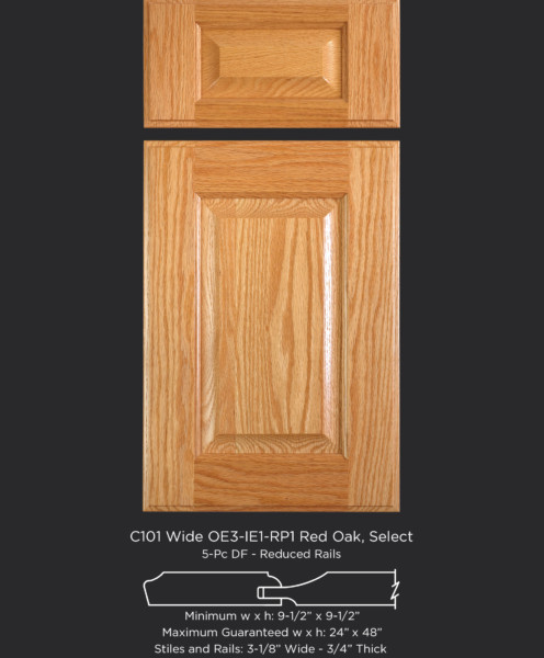 C101 Cope and Stick Cabinet Door OE3-IE1-RP1 Red Oak, Select with 5-piece reduced drawer front