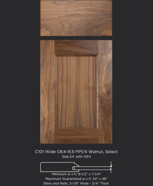 Cope and Stick Cabinet Door C101 Wide OE4-IE3-FP1/4 Walnut, Select with slab drawer front