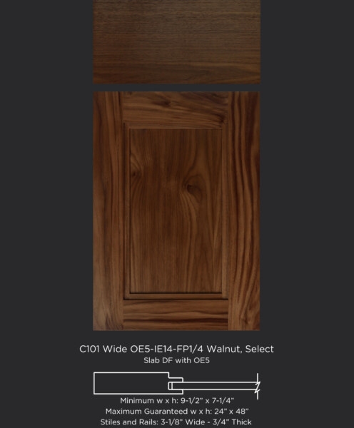 Wide frame transitional cabinet door with IE14 inside edge and flat panel in select walnut