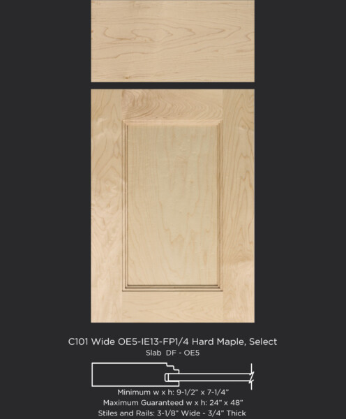 Transitional cabinet door with IE13 inside edge and flat panel in select hard maple