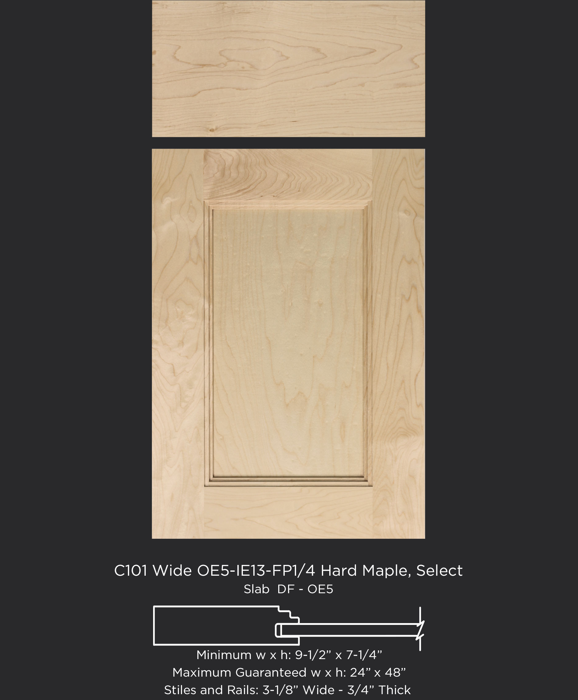 Transitional cabinet door with IE13 inside edge and flat panel in select hard maple