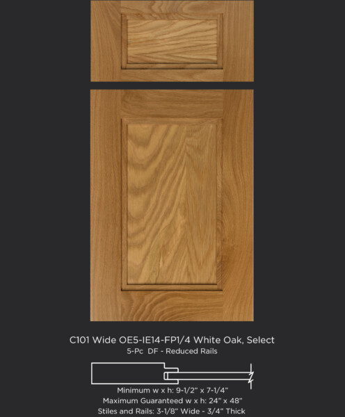 Wide frame transitional cabinet door with IE14 inside edge and flat panel in white oak