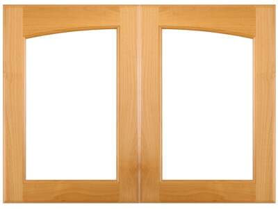 Arched left and right C14L and C14R cabinet doors in Alder with OE2 and IE1 edge detail, cut for glass