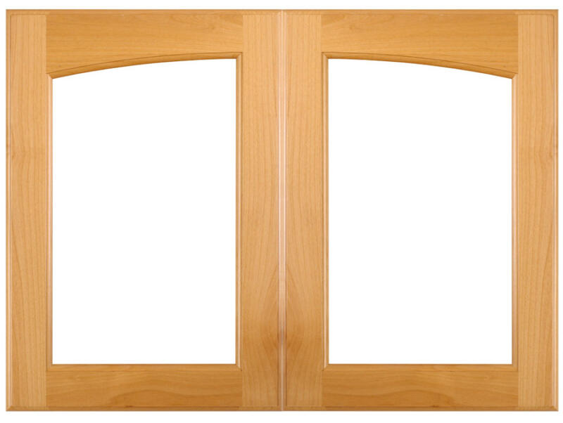 Arched left and right C14L and C14R cabinet doors in Alder with OE2 and IE1 edge detail, cut for glass