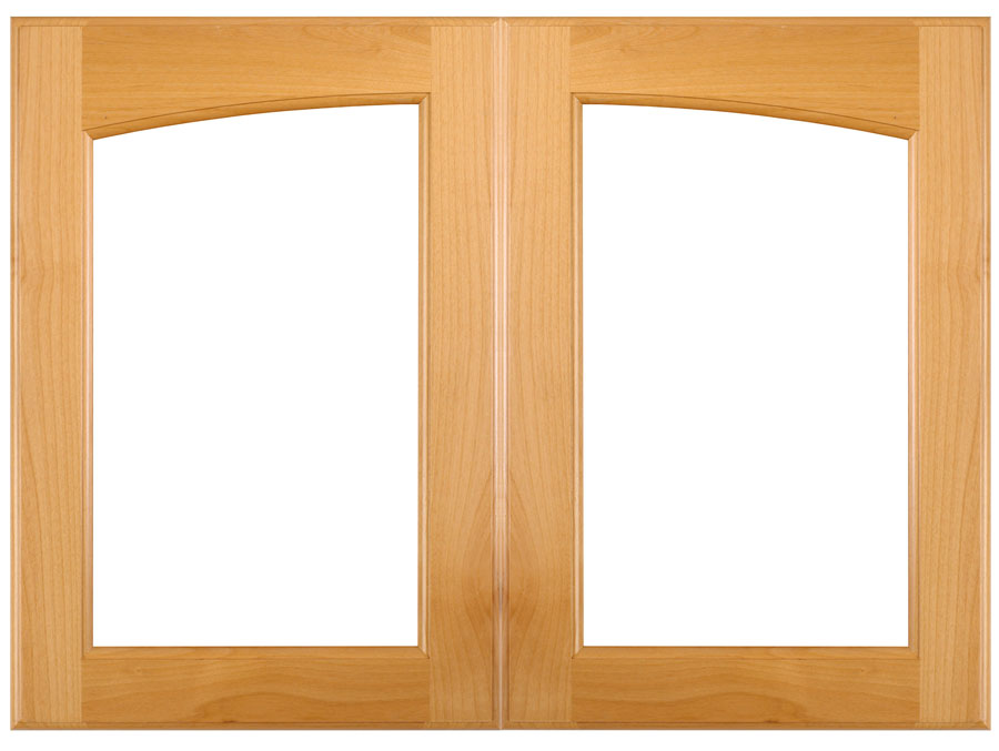 Arched left and right C14L and C14R cabinet doors in Alder with OE2 and IE1 edge detail, cut for glass