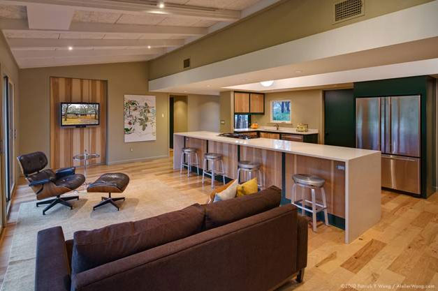 Modern edgebanded hickory cabinet doors book and bank matched in midcentury modern kitchen