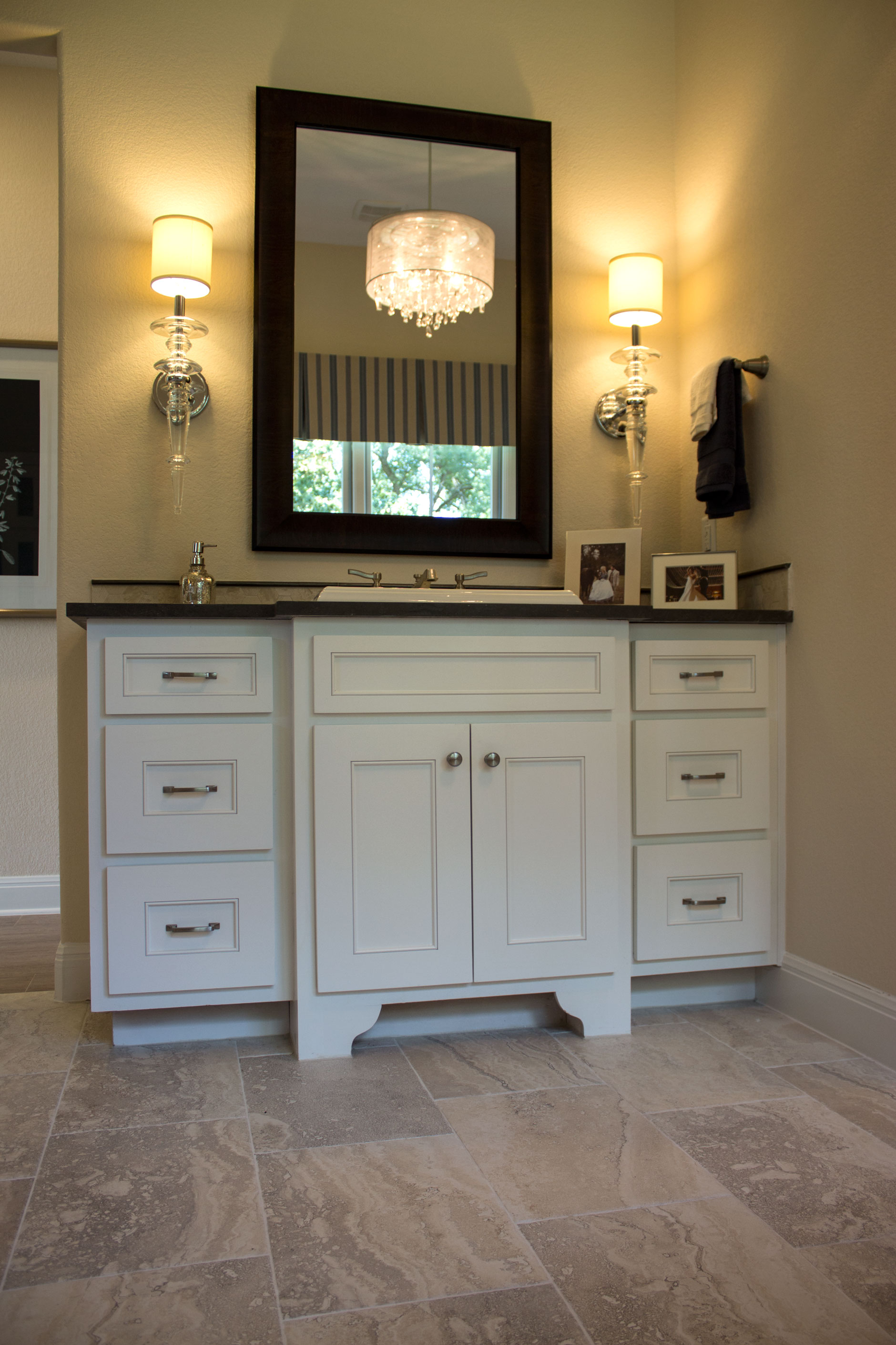 white master bath vanity with mw15 mitered frame and flat panel in paint grade material