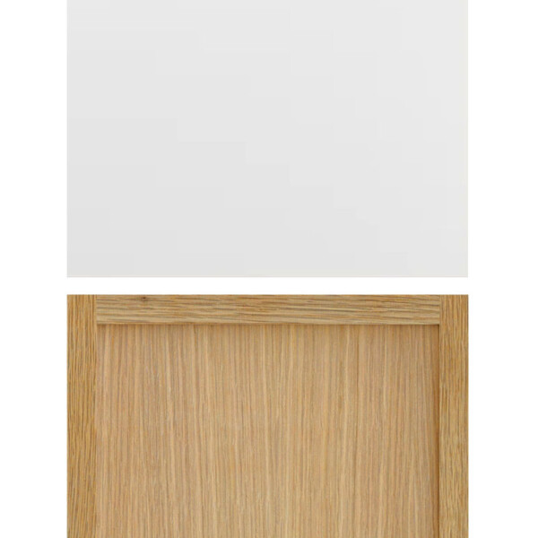 white slab upper cabinet door paired with 4S base cabinet door slim shaker look