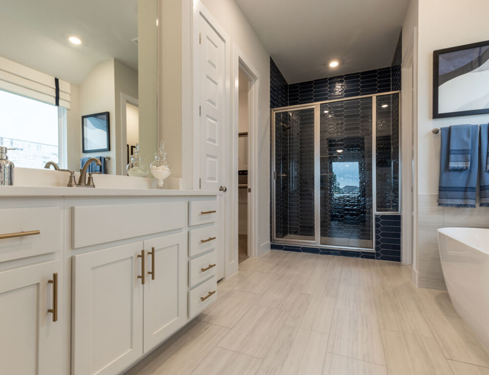 White Shaker Door Bathroom Navy Blue Tile