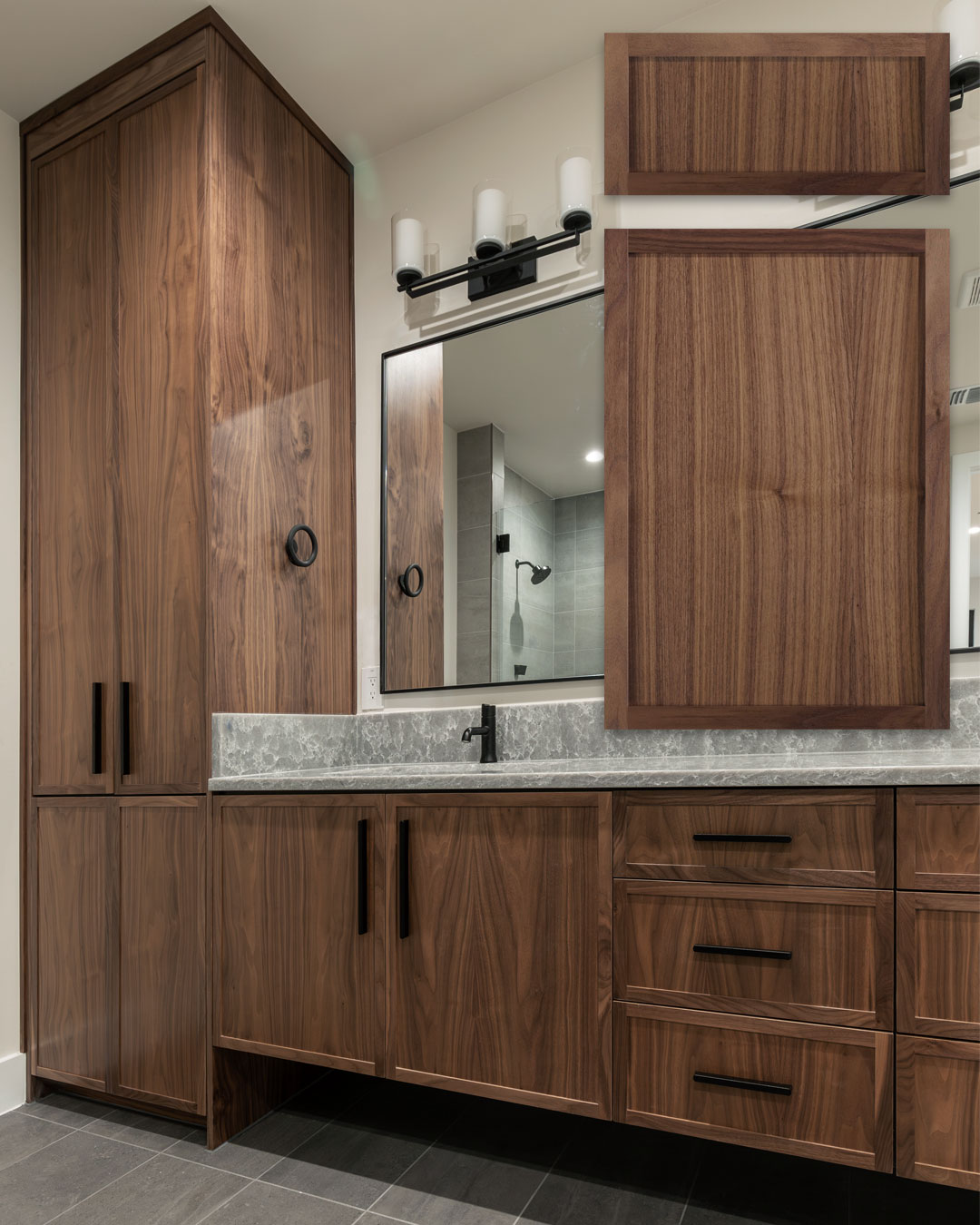 Bathroom vanity in Walnut with TaylorCraft's 4S Slim Shaker door with 3/4" frame