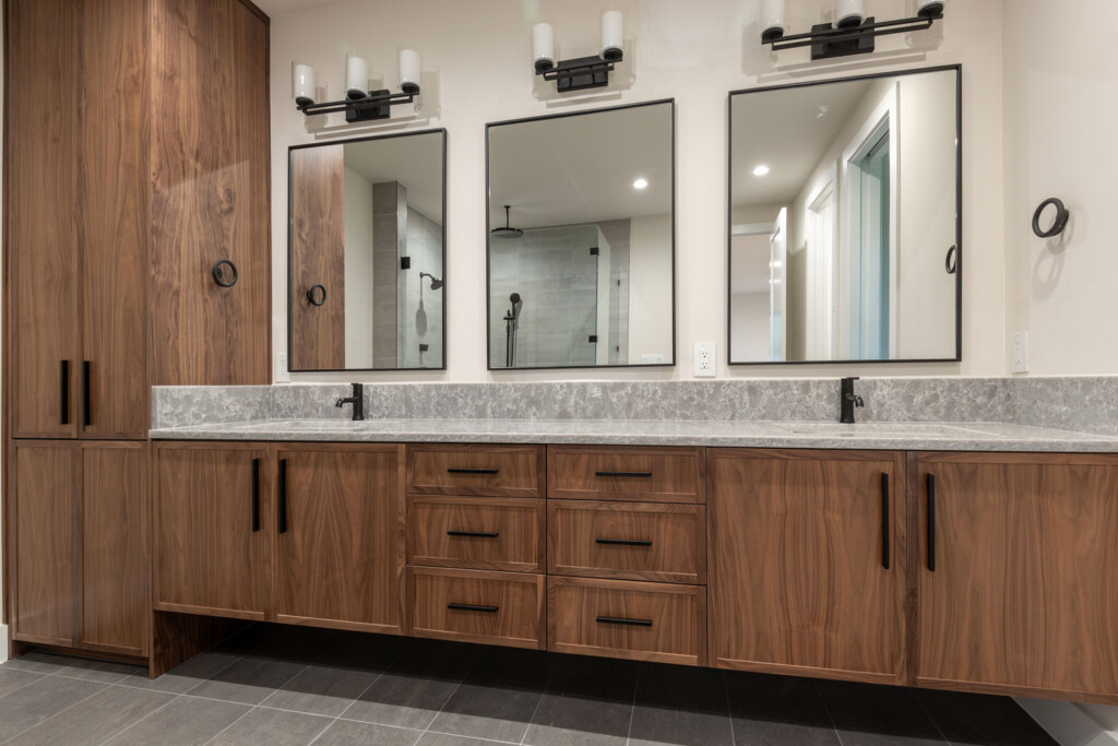 Walnut bathroom cabinets with 1" Shaker 4S cabinet doors