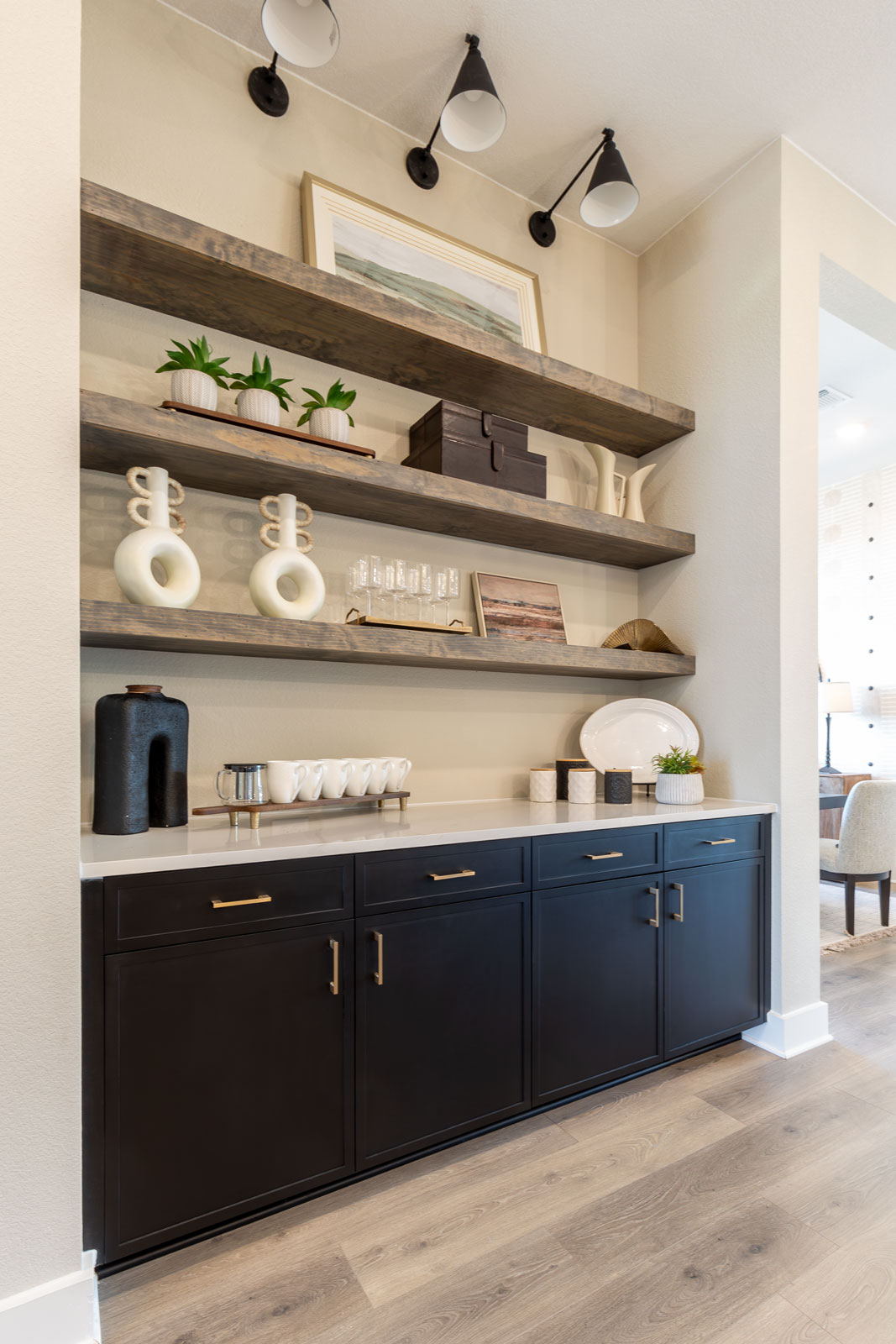 Built-in buffet cabinets with 4S doors in 1" Shaker paint grade with black paint by cabinetmaker