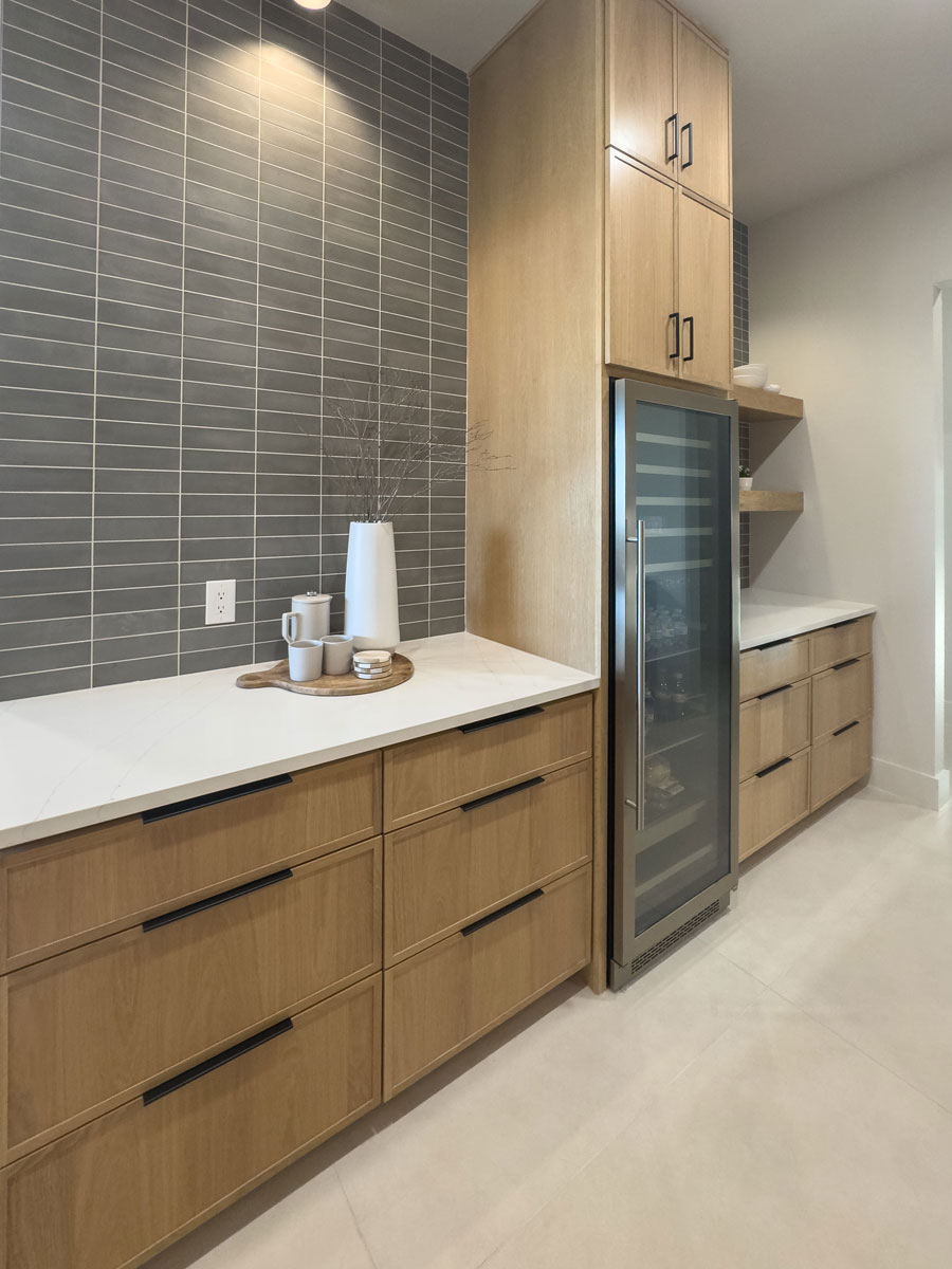 Modern transitional butler's pantry with built-in wine refrigerator and 4S 3/4" Shaker cabinet doors and drawer fronts